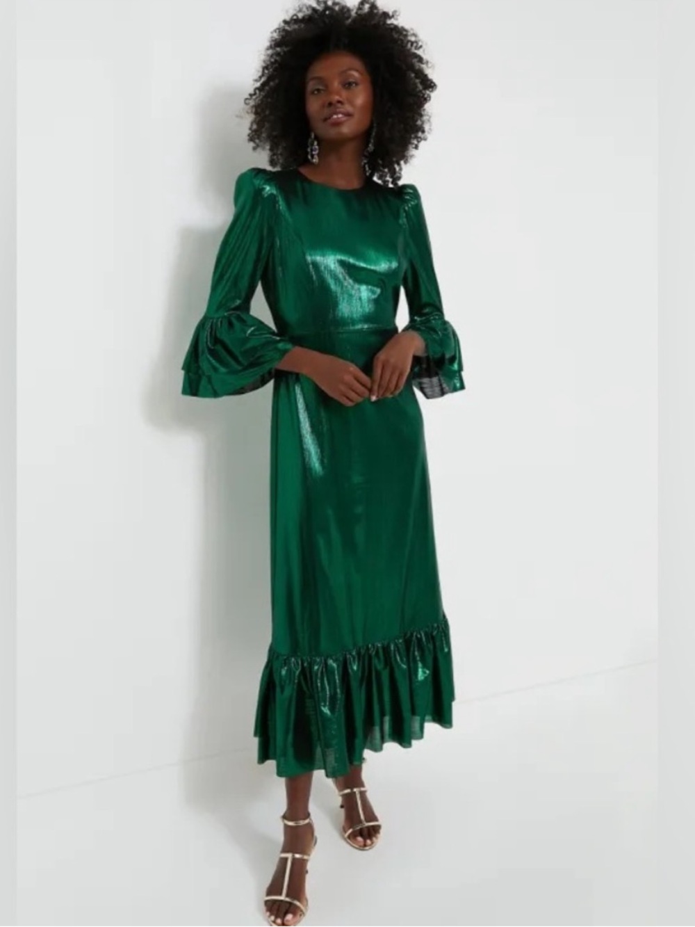 Pomander Place Size Large Tuckernuck Women's Emerald Crinkle Lurex Lillith Dress - Picture 4 of 7